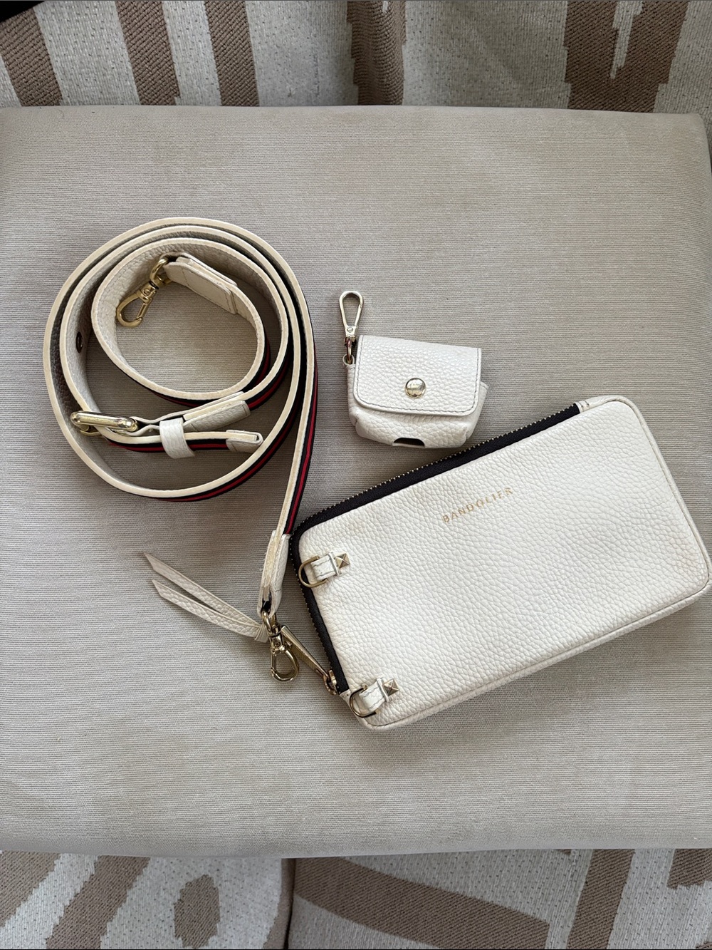 Bandolier White Pebble Leather Crossbody with Removable Striped Strap